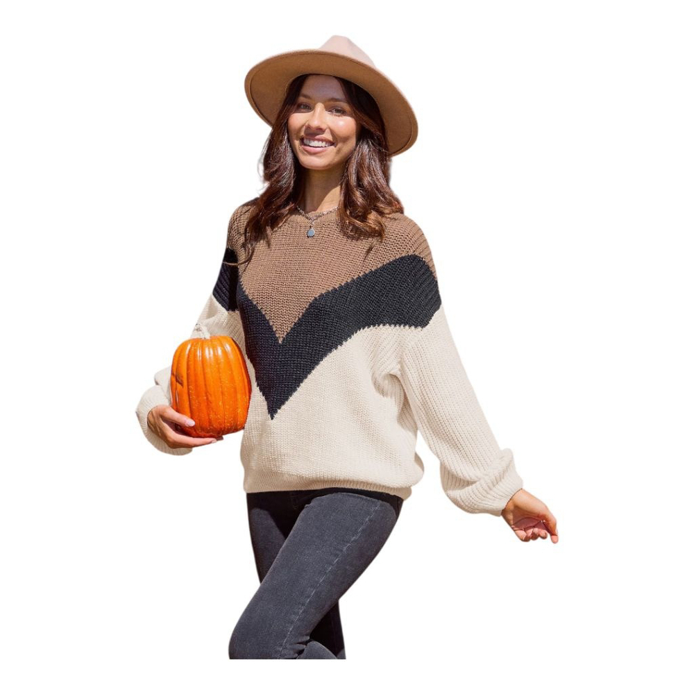 CUPSHE Oversized Colorblock Round Neck Drop Shoulder Long Sleeve Sweater